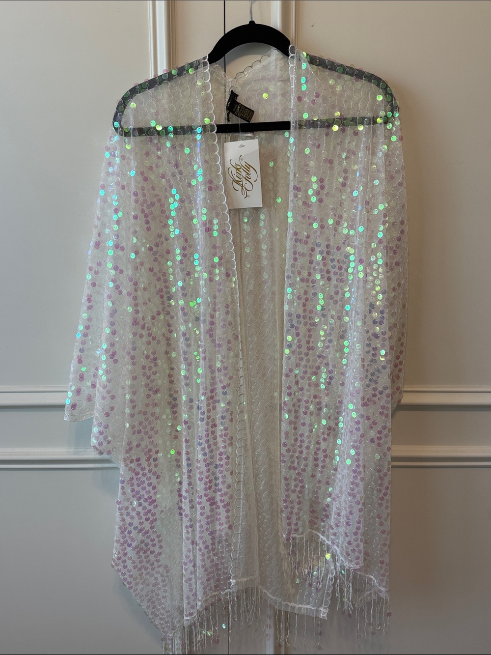 Kirks Folly Iridescent Sequin Fringe Kimono - White with Pink Sheen